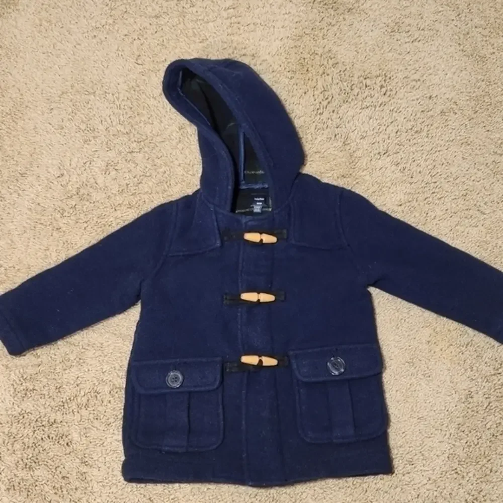 Gap Peacoat Wool‎ Blend Navy Blue Plaid   Interior 18-24 mos Wooden Tie Zipper